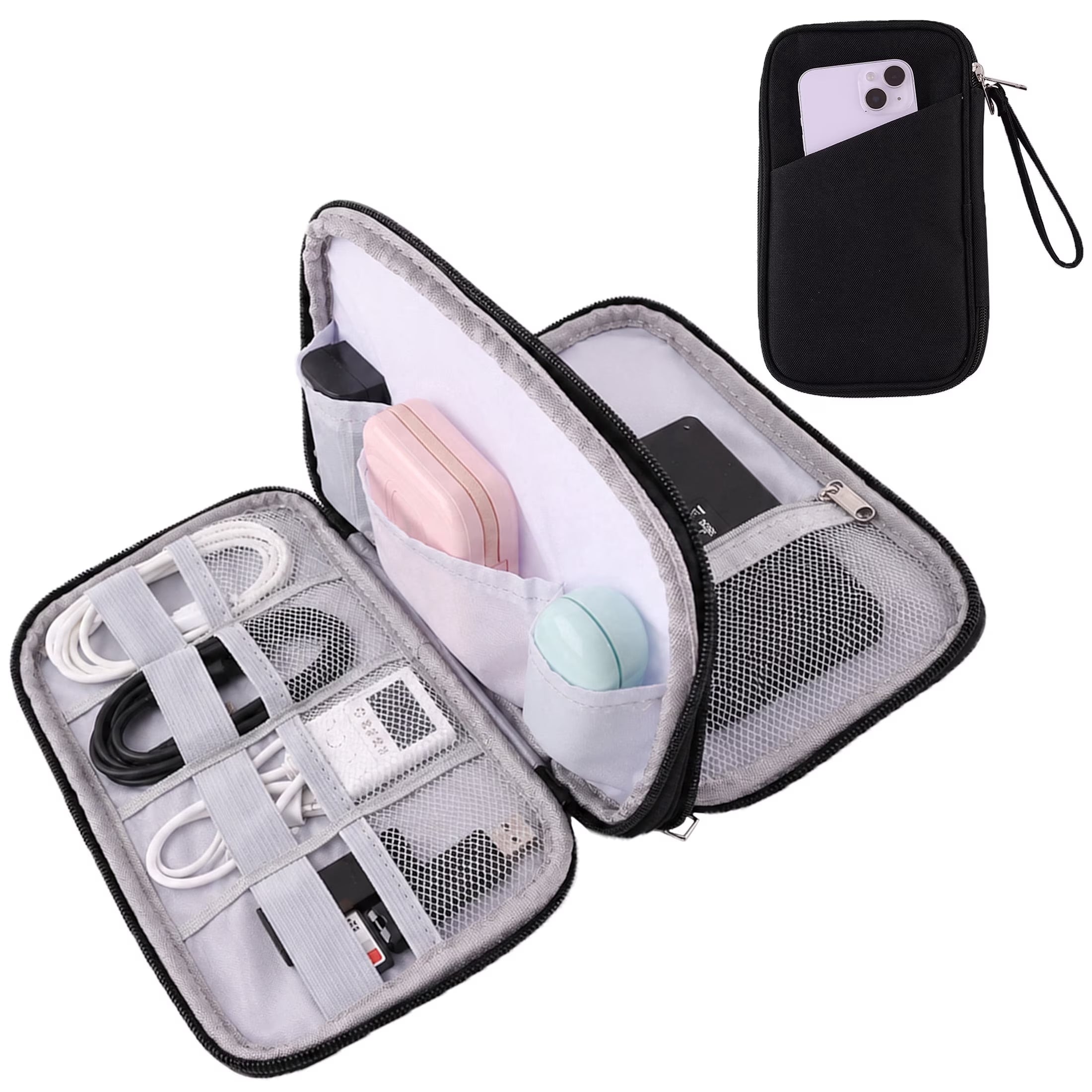 Electronics Organizer Travel Case, Portable Cable/Cord Organizer Bag, Double Layers Tech Accessories Storage Pouch for Chargers, Phone, Earphones, Black