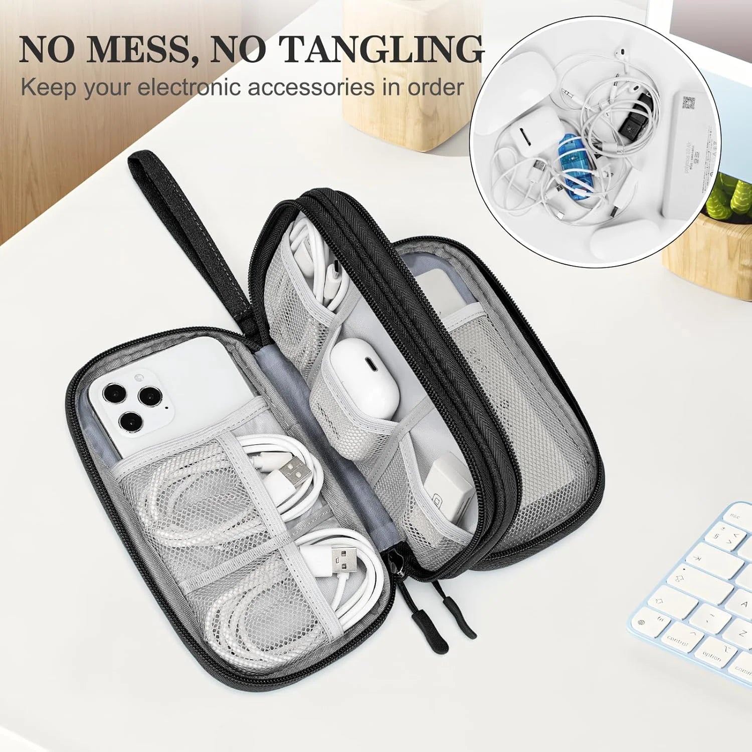Electronics Organizer Travel Case, Portable Cable/Cord Organizer Bag, Double Layers Tech Accessories Storage Pouch for Chargers, Phone, Earphones, Black