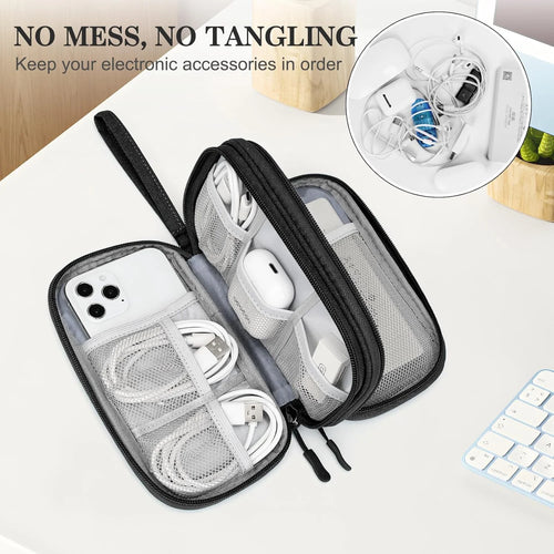 Electronics Organizer Travel Case, Portable Cable/Cord Organizer Bag, Double Layers Tech Accessories Storage Pouch for Chargers, Phone, Earphones, Black