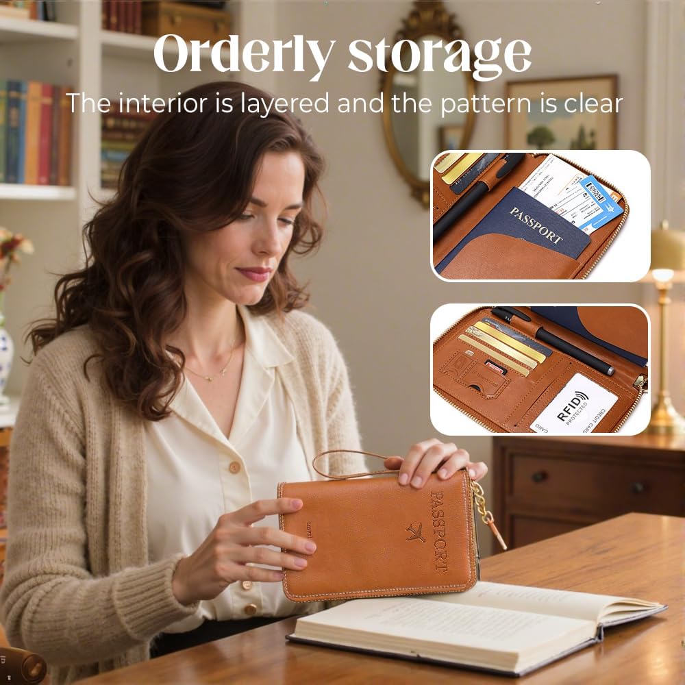 Multi-Functional RFID Passport Wallet, RFID Passport Holder for Wallet, Essential Travel Anti-Theft Wallet Storage Case, Anti-Theft Protective Case (Brown)