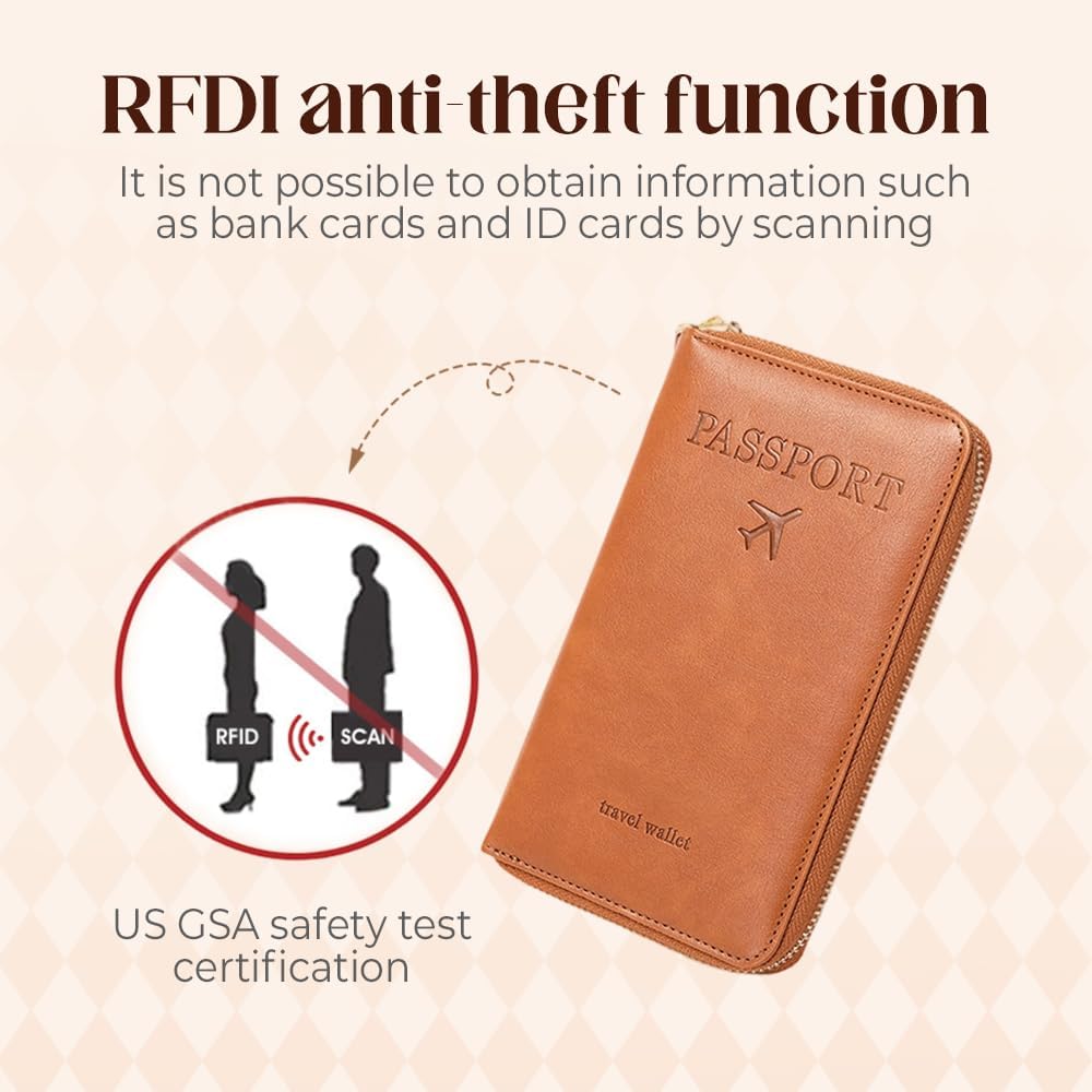 Multi-Functional RFID Passport Wallet, RFID Passport Holder for Wallet, Essential Travel Anti-Theft Wallet Storage Case, Anti-Theft Protective Case (Brown)