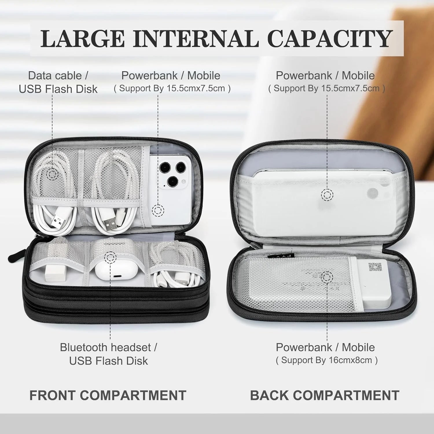 Electronics Organizer Travel Case, Portable Cable/Cord Organizer Bag, Double Layers Tech Accessories Storage Pouch for Chargers, Phone, Earphones, Black
